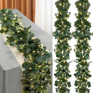 Eucalyptus Garland with Lights, 2 Packs 6FT Green Flower Garland Decor, Artificial Faux Eucalyptus Leaves Greenery Vines for Table Runner Wedding Centerpieces Backdrop Decorations (Warm Color)