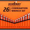 HORUSDY 26-Piece Durable Combination Wrench Set with Roll-up Pouch, Open End Wrench Set for General Household, Garage, Auto Repairs, SAE 1/4 - 1 and Metric 8mm - 24mm