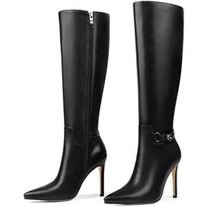 COLETER Women's Knee High Boots Pointed Toe Stiletto Buckle Dress Boots Slouch Zipper Heeled Boots 7,5