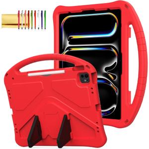 Kids Case for iPad Pro/Air 13" 2024 & iPad Pro 12.9 2022/2021/2020, Techcircle Pencil Holder Lightweight Shockproof EVA Foam Handle Stand Anti-Slip Grip Rugged Cover, Red (iPad Pro 13 2024/Pro 12.9 2018-2022/Air13 M2, Red)