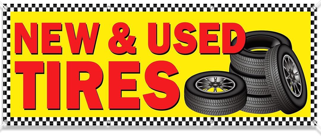 Preboun 2 x 6 ft New and Used Tires Banner Store Sign with Grommets Polyester Fabric Reusable Weatherproof Tire Sale Banner for New Applied Tires Business Sale, Tyre Advertising Signs Supply