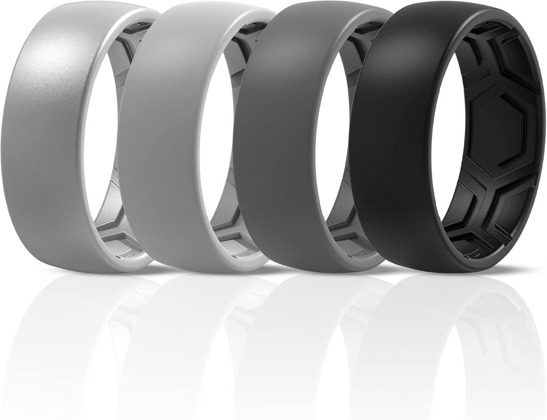 ThunderFit Men's Patterned Silicone Rings, 8mm Wide 2.2mm Thick Rubber Bands,Variety Multipack 1,4,7 (Pack D: Charcoal Black, Iron Grey, Grey Silver, Lead Grey)