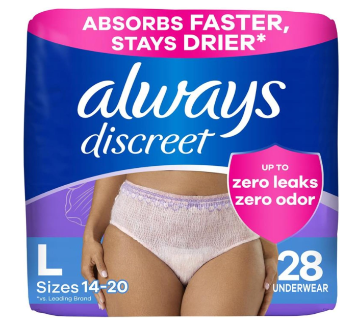 Always Discreet Adult Incontinence Underwear for Women and Postpartum Underwear, Large, Up to 100% Bladder Leak Protection, 28 Count
