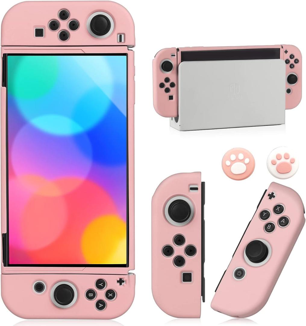 Switch OLED Case for Nintendo Switch OLED Model, Dockable Cover Soft TPU Protector Case for Switch OLED Grips & Console and Accessories with 2 Pcs Thumb Caps, Pink