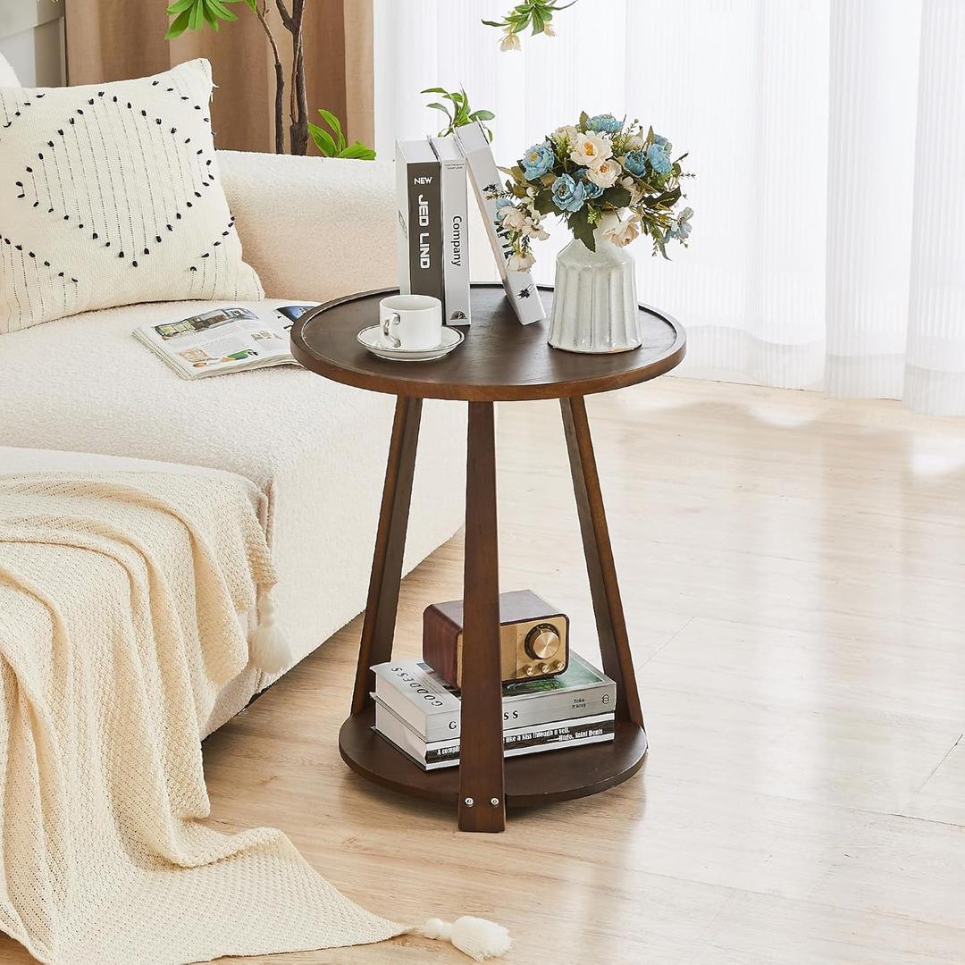 Small Round Wooden End Table - Round Solid Wood Side Table, 23.6 Modern Circle End Tables Living Room with Shelf for Couch Sofa, Walnut, 19.6 in x 19.6 in x 23.6 in