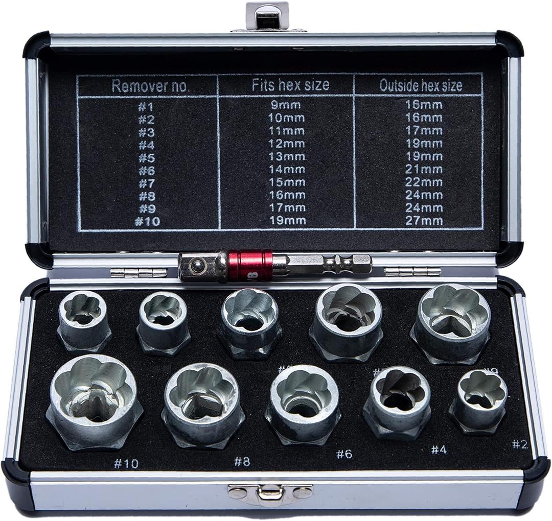 Impact Bolt & Nut Remover Set,11Pcs Bolt Extractor Socket Tools Kit with Hex Drill Socket Adapter Set for Removing Damaged, Dead, Rusted, Rounded-Off Bolts, Nuts & Screws