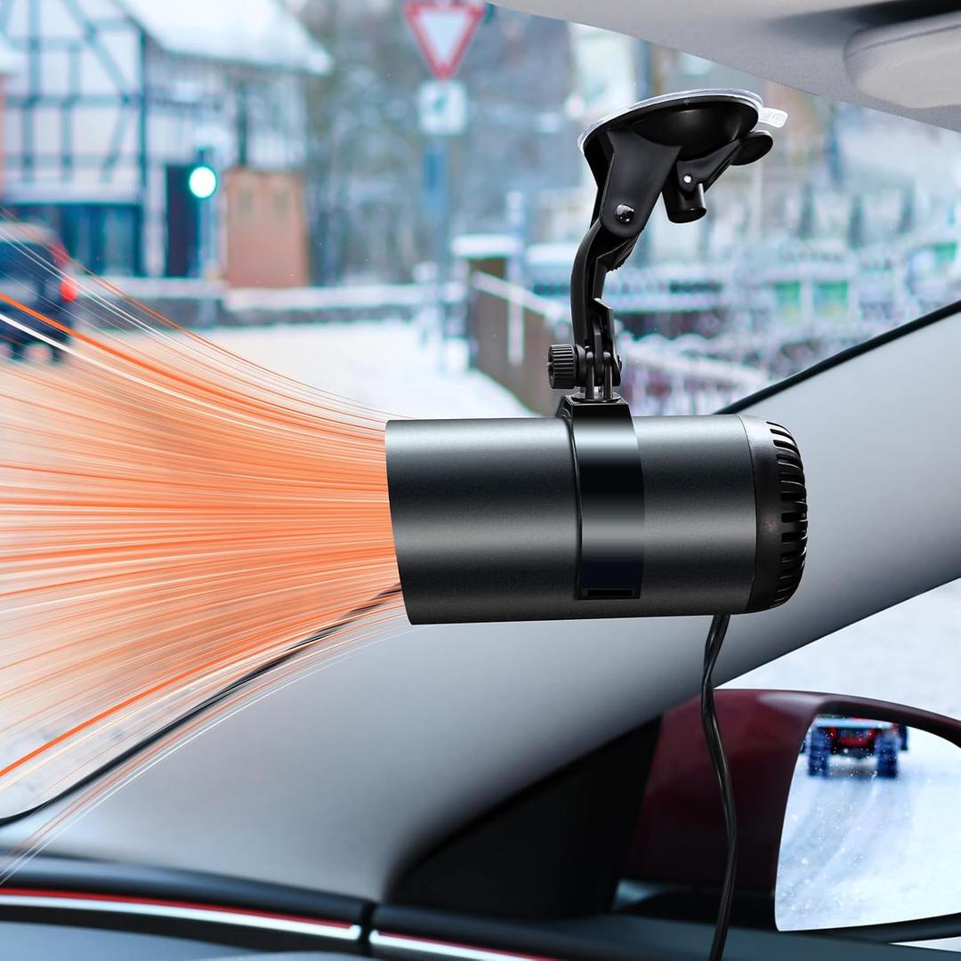 ELOHEI 12V Car Heater, 150W 2 in 1 Fast Portable fan Heater and Defroster for Car Windshield, Car Heater that Plugs Into Cigarette Lighter with Suction Holder for All Cars (Black)