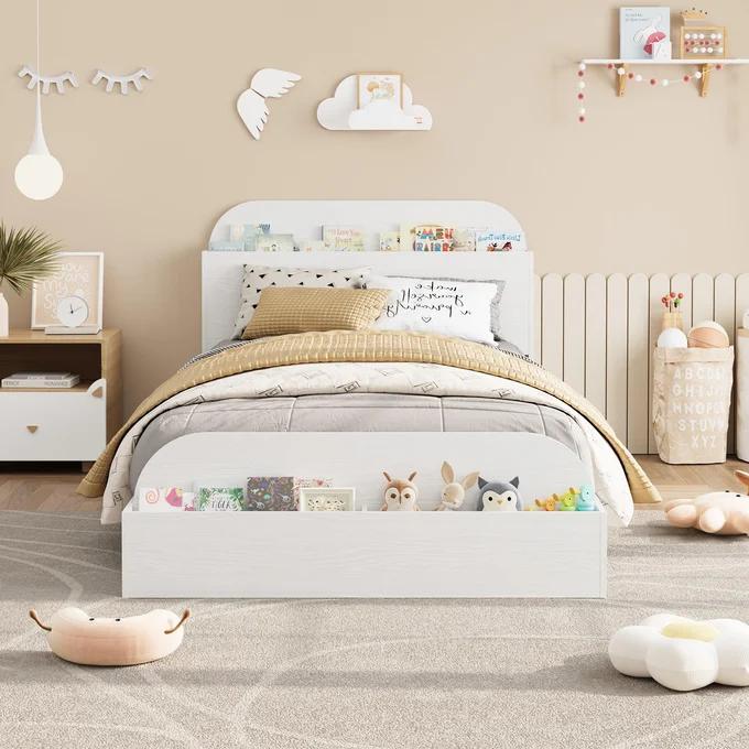 Garvee Twin Size Low Platform Bed Frame, Sturdy Wood Bed with Storage Headboard, Raised Footboard & Sturdy Wooden Slats, No Box Spring Required, White