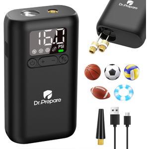 Dr.Prepare Electric Ball Pump Inflation,Basketball Air Pump with Pressure Display,16PSI,Auto-Off,LED Light,for Balls,Swim Ring,DP Camping Shower Bag,with 2 Inflation Needles,1 Adapter,1 Charging Cable