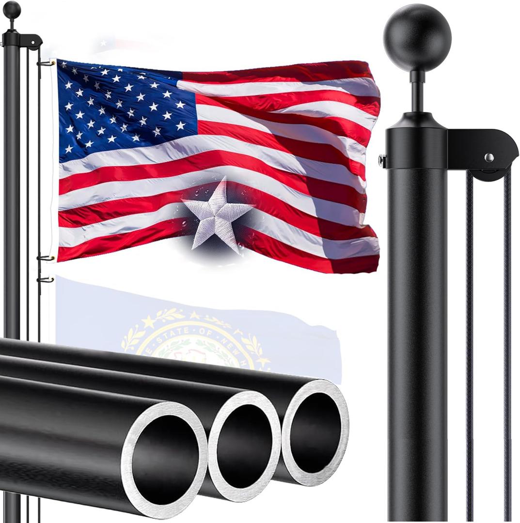 25 FT 12 Gauge Heavy Duty Flag Pole - Extra Thick Aluminum Flagpole kit with 5x3 Nylon Embroidered Flag,for Outside Yard,Outdoor,Commercial or Residential-Ground - 110MPHWind TestedBlack