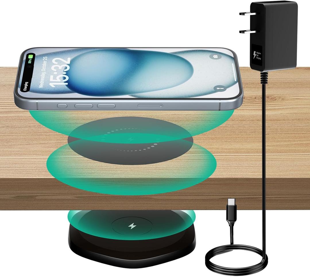 KPON Invisible Wireless Charger,30mm Under Desk Charger Mat, Furniture Table Nightstand Desktop Charging Station for iPhone16/15/14/13/12/11/Samsung/LG/Google Pixel Desk Essentials(with QC Adapter) (Black)