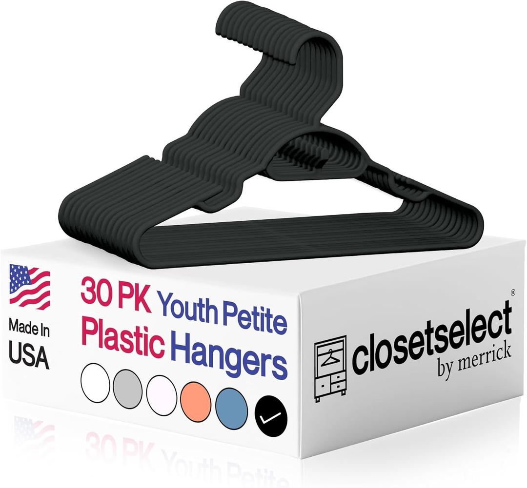 Youth Petite Plastic Hangers for Children Clothes Sizes 8 to 12, Petite, Preteen, Junior, 30 Pack (Black)