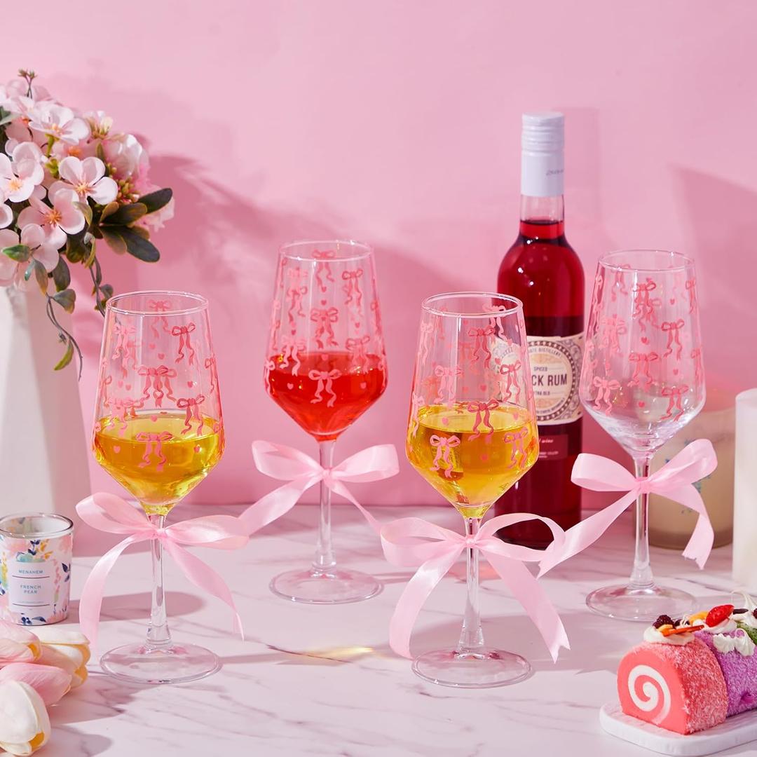 3 Pcs Pink Bow Wine Glasses with Ribbon Coquette Clear Glass Cups Elegant Cute Bow Heart Cocktail Wine Goblets Gifts for Wedding Bride Shower Bachelorette Birthday Party