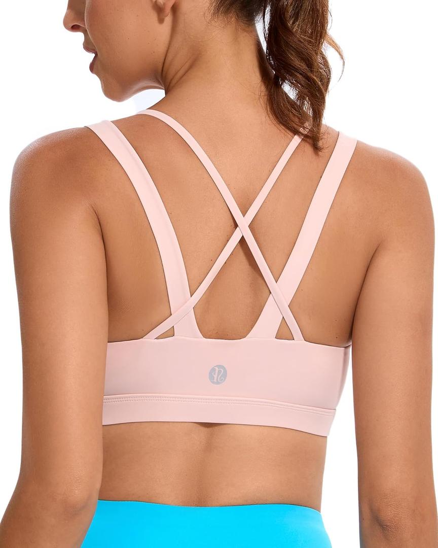 RUNNING GIRL Sports Bras for Women, Criss-Cross Back Padded Strappy Sports Bras Medium Support Yoga Bra with Removable Cups (XX-Large, D-light Pink)