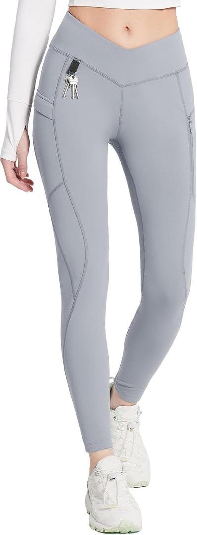 baleaf Women's Fleece Lined Leggings Waterproof Hiking Petite Pants Zipper Pockets Winter Thermal Warm Cold Weather, Medium, Frost Gray
