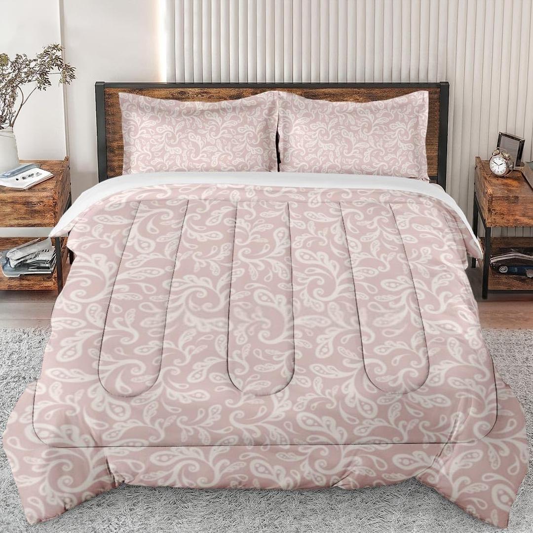 Comforter Set Queen Size, Vintage Floral Flores Paisley Soft Bedding Set for Kids and Adults, Beige Fleur Gold Comforter Set with 2 Pillowcases for Bedroom Bed Decor (Multi 1)