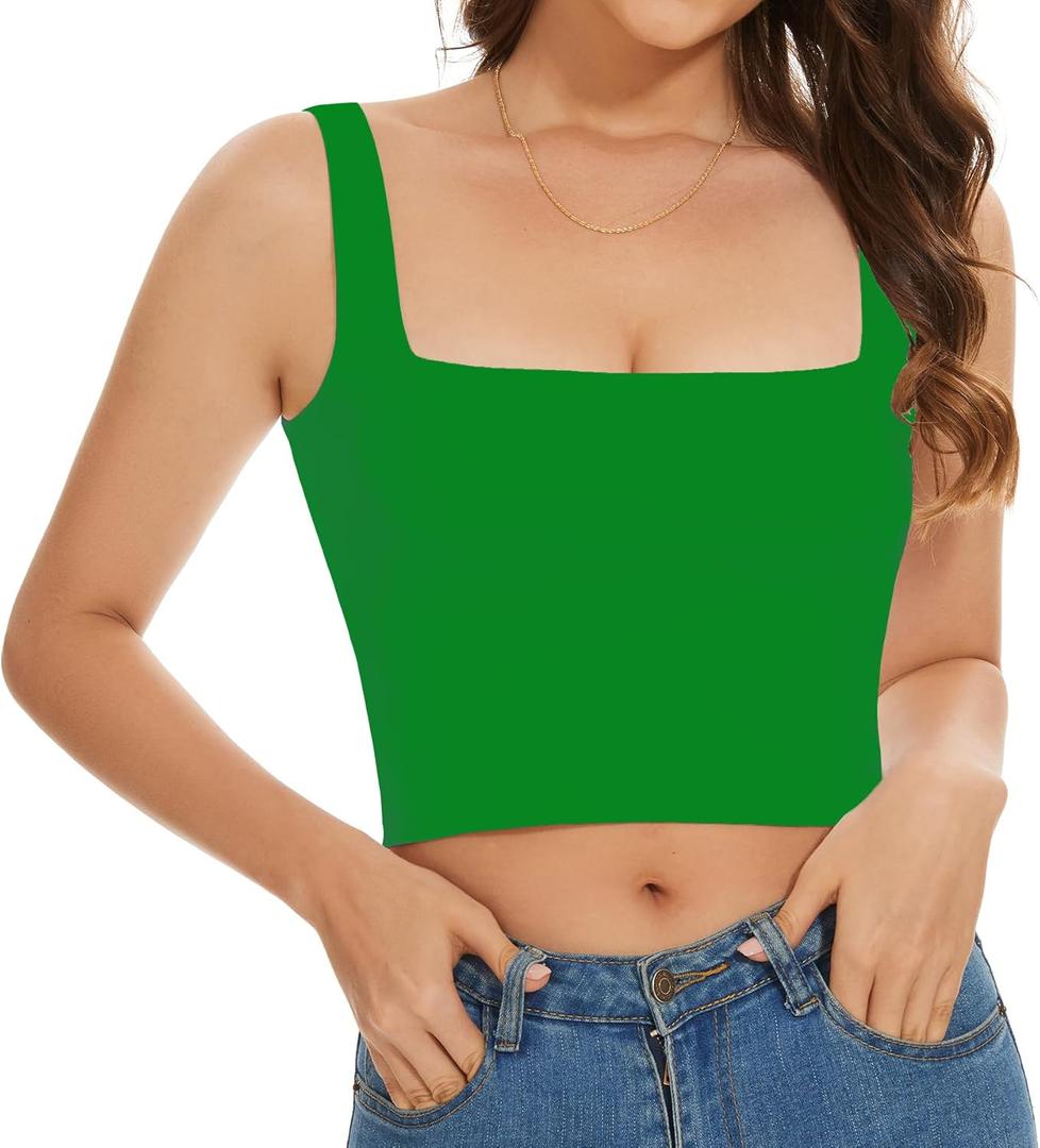 Womens Sleeveless Crop Tops Square Neck Double Layer Workout Fitness Basic Cropped Tank Top (Green, L)