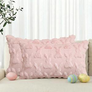 AVOIN colorlife Easter Rabbits Pink Throw Pillow Covers, 12 x 20 Inch Bunny Soft Plush Faux Fur Jacquard Cushion Case Decoration for Sofa Couch Set of 2