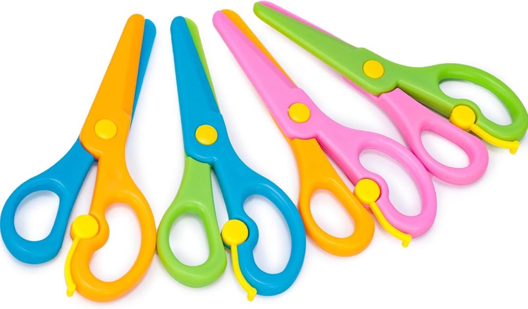 LOVESTOWN Toddler Safety Scissors, 4 PCS Blunt Tip Scissor Preschool Training Art Supplies for Kids, Anti-Pinch Design, Child Hand Eye Coordination Development, Playdough Tools Crafts Essentials (Blue,Orange,Pink,Green)