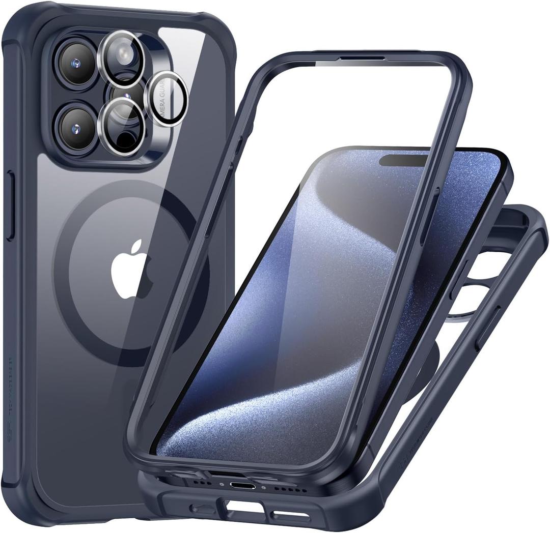 for iPhone 15 Pro Case, Compatible with MagSafe, Full-Body Military-Grade Drop Proof Case with Built-in 9H+ Tempered Glass Screen Protector, Armor Series, Clear Dark Blue