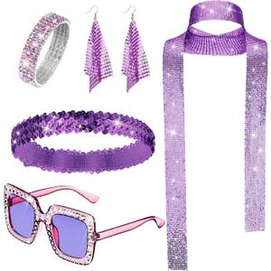 Sasylvia 5 Pcs 70s Disco Accessories Halloween Women Costume Jewelry Sequin Scarf Earrings Sunglasses Bracelet Headband (Purple)