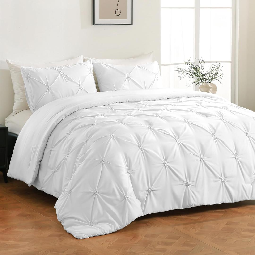 WOLKI King Size Comforter Set White, 3 Pieces Bed Lightweight Solid Bedding Comforters Sets, All Season Fluffy Down Alternative Comforter Bed Set Quilt Blanket (White, King)