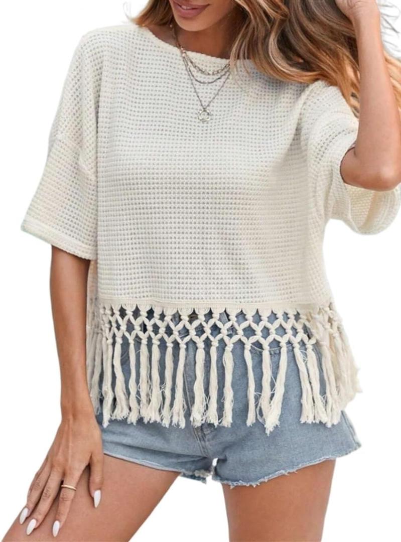 Womens Solid Color Round Neck Knitted T-Shirt Half Sleeve Summer Blouse For Women (Small)