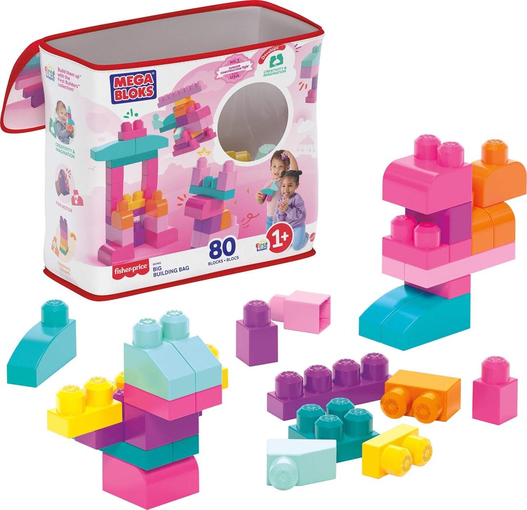 MEGA BLOKS First Builders Toddler Blocks Toys Set, Big Building Bag with 80 Pieces and Storage, Pink, Ages 1+ Years (Pink Bag)