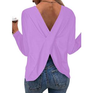 LilyCoco Long Sleeve Open Back Tops for Women Sexy Criss Cross Oversized Tshirts Purple Small (Purple, S)