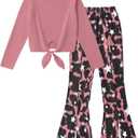 Girl Clothes Solid Knot Front Long Sleeve Pure T-Shirt Tops Split Flare Pants 2Pcs Toddler Girl Outfit (9-10 Years)