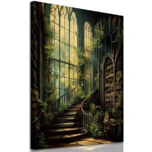 Dark Academia Paintings Gothic Library Canvas Vintage Victorian Pictures Medieval Castle Wall Art Moody Botanical Prints Vintage Library Posters Moody Gothic Artwork Dark Castle Painting 16x24in Framed