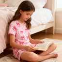 Funnycokid Girls Pajamas 3 Piece Short Sleeve Shirt Top Pants Shorts with Pockets 7-14 Years