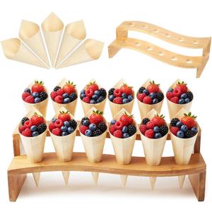 Queekay 100 Pcs Disposable Wooden Food Cones with 12 Holes Food Cone Display Stand Cone Holder for Charcuterie, Ice Cream, Catered Events, Party or Buffets (Curved,Bamboo)
