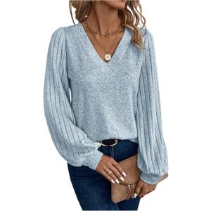 Women's Ribbed Knit Long Sleeve T Shirts V Neck Casual Tee Tops Fall Outfits (M)