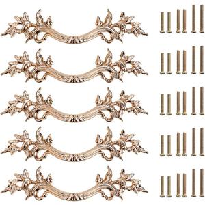 JUXYES Pack of 5 European Style Vintage Cabinet Handles Pulls, Antique Decorative Dresser Drawer Pulls Retro Drawer Pull Handles Knobs for Cupboard Cabinet (Golden)