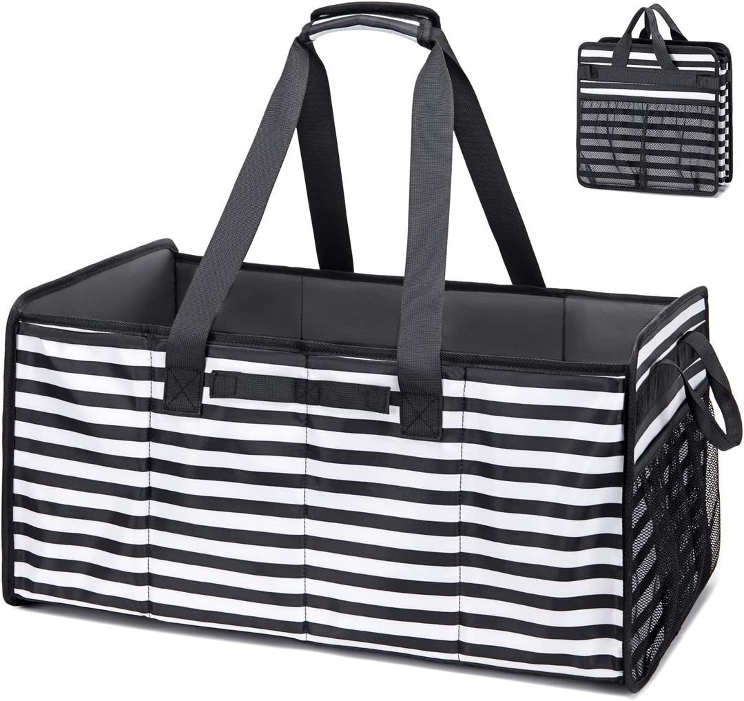 Muzale Extra Large Utility Tote Bag with Wire Frame Reusable Grocery Bags Foldable Heavy Duty Shopping Bags for Groceries Collapsible Totes with Handles for Carrying Heavy Loads Storage Car Trunk (BLACK-WHITE-STRIP)