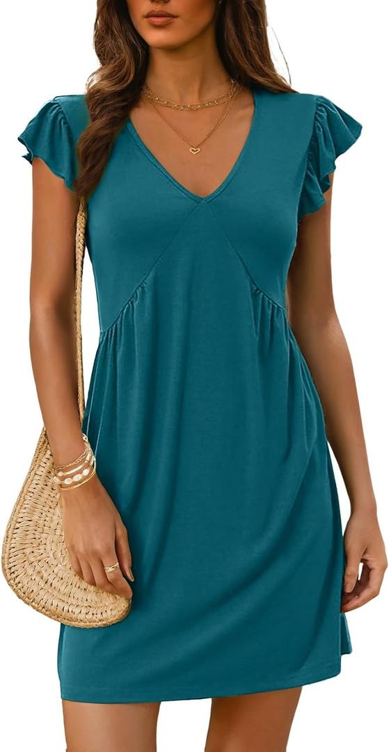 Dokotoo Women's Summer Dresses Beach 2026 Casual Deep V Neck Loose Sundress Ruffle Sleeve Mini Dress (Green, S)