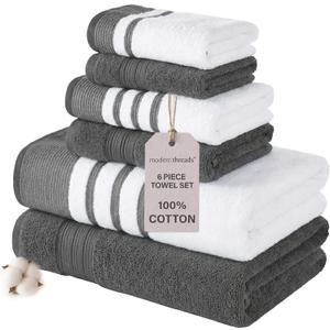 Modern Threads 6-Piece Towel Set  100% Cotton, Quick Dry, Ultra Absorbent  Includes 2 Bath, 2 Hand, 2 Washcloths (White/Reinhart Charcoal) (Grey)