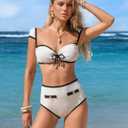 Womens High Waisted Bikini Sets Tummy Control Swimsuits Retro Color Block Bathing Suit Clasp Back Swimwear (White, L)