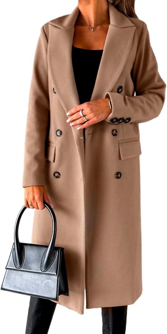 IDEALSANXUN Womens Long Wool Coat Double Breasted Trench Coat Fall Winter Clothes (Small, Khaki)