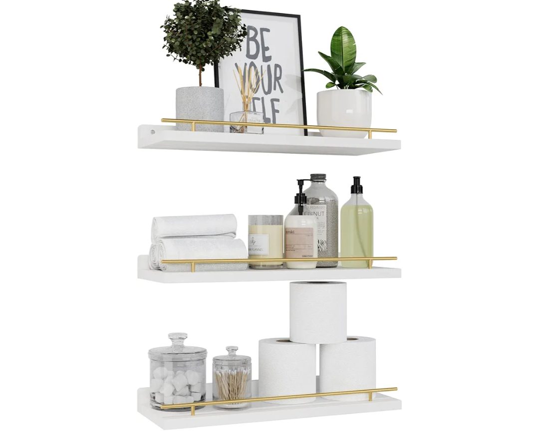 WOPITUES Floating Shelves with Gold Metal Guardrail, Shelves for Wall Decor Set of 3, Wall Shelves for Bedroom, Bathroom, Kitchen, Living Room, Plants, Picture Frames, Art- White and Gold