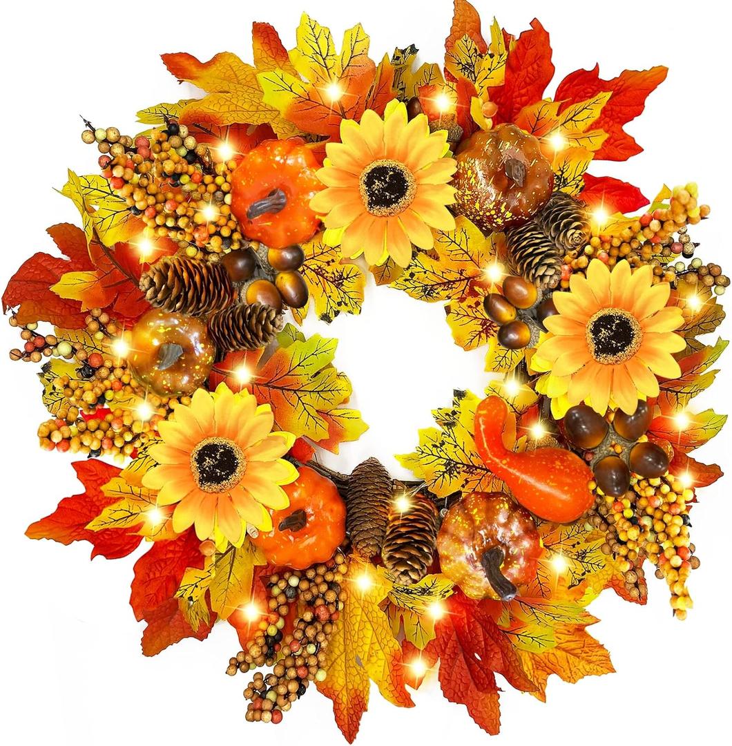 [ Prelit & Timer ] 17 Inch Fall Wreaths for Front Door Sunflower Fall Wreath with 20 LED Battery Operated Autumn Wreaths Maples Leafed Pumpkins Pinecones Acorns Thanksgiving Wreath for Home Wall Door