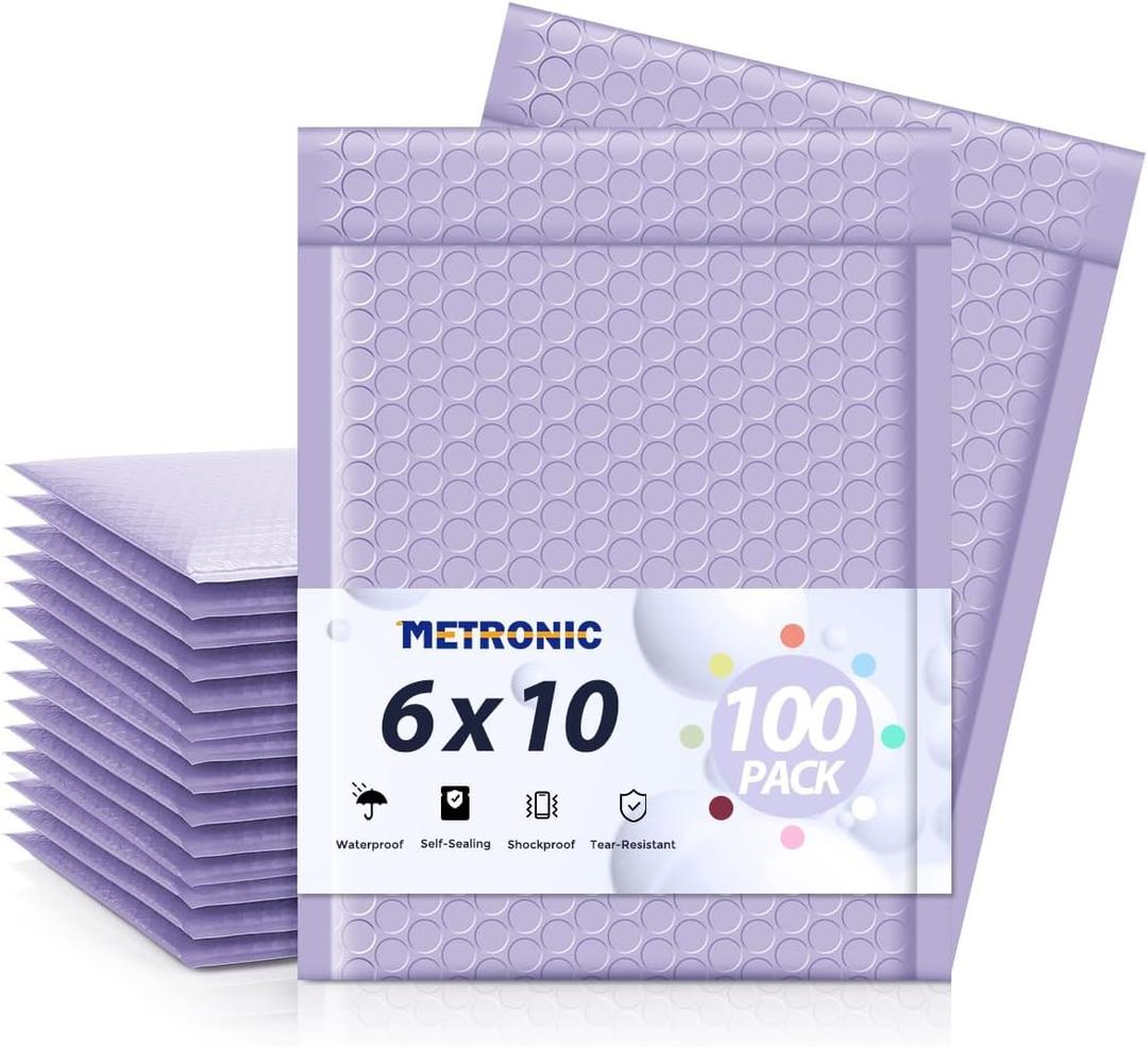 Metronic Bubble Mailers 6x10" 100 Pack Lilac Purple Self-Seal Padded Envelopes Usable Size 6x9" Waterproof Bubble Envelopes Bulk for Small Business Padded Mailers for Mailing Jewelry #0