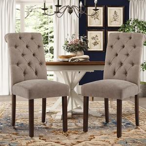 COLAMY Button Tufted Dining Chairs Set of 2, Parsons Upholstered Fabric Dining Room Chairs Kitchen Chairs with Wood Legs and Padded Seat, Taupe