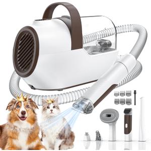 Dog Grooming Vacuum, Dog Grooming Kit with Pet Clipper Nail Grinder, 3 Suction Modes Dog Brush Vacuum with 6 Pet Grooming Tools (Brown)