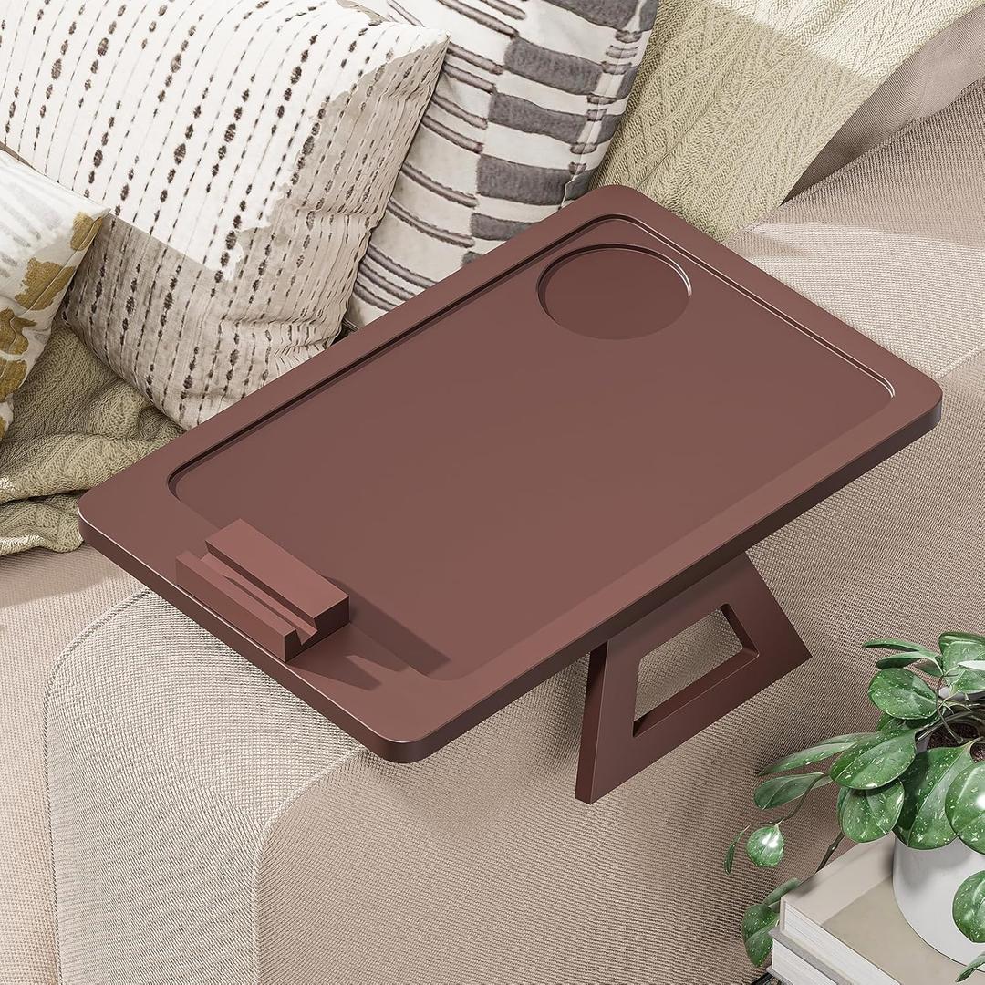 Bamboo Sofa Tray,Couch Arm Table, Clip-On Armrest Tray Table for Wide Couch Foldable Tray with 360 Phone Holder Couch Arm Tray for Eating/Drinks/Snacks/RemoteBrown