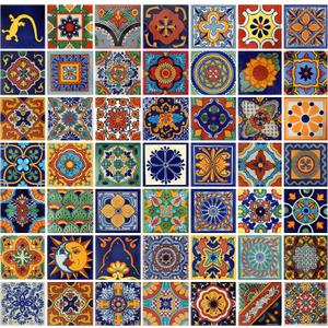 Handmade Mexican Tile Set 100 Pieces — 4x4 Decorative Talavera Tiles — 50 Unique Hand-Painted Designs — Mexican Folk Art Wall Tiles