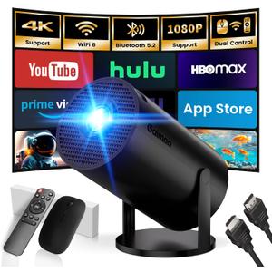 Mini Projector with WiFi and Bluetooth Built-in Apps Smart Projector Support 4K 1080P FHD 180 Adjustable Auto Keystone Compatibile with HDMI/TV Stick/Memory Stick/Laptop, Black