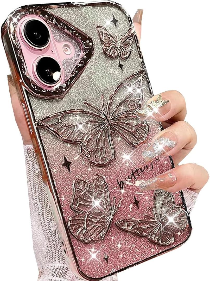 Glitter 3D Butterfly Case for iPhone 16 Plus,Cute Luxury Butterfly Design with Gradient Bling Sparkly Paper TPU Plating Bumper Clear Shockproof Women Girls Case for iPhone 16 Plus 6.7", Pink