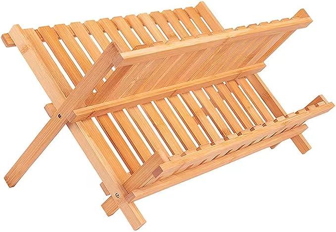 KAEASOUS Bamboo Dish Drying Rack - Large 2 Tier Wooden Dish Drying Rack for Kitchen, Wooden Plate Rack with Foldable Design, Drying Rack for Dishes, Utensils and Cups, Folding Dish Rack for Kitchen
